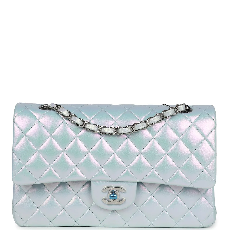 Chanel Medium Classic Double Flap Bag Blue Iridescent Calfskin Silver Hardware