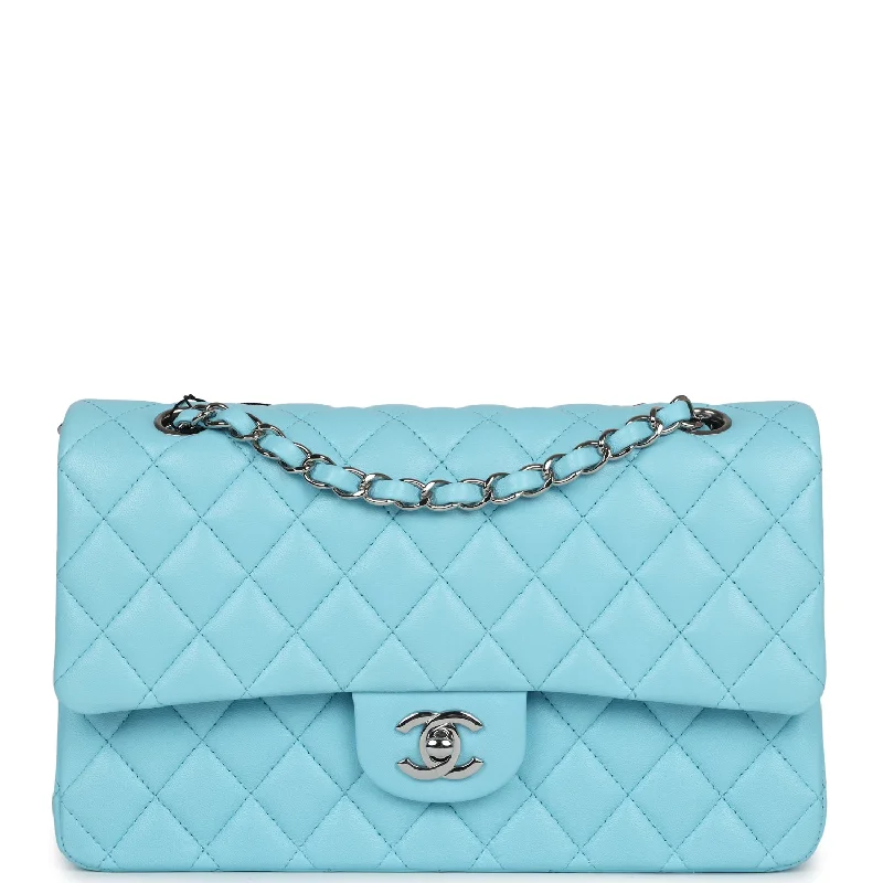 Chanel Medium Classic Double Flap Bag Light Blue Lambskin Silver Hardware