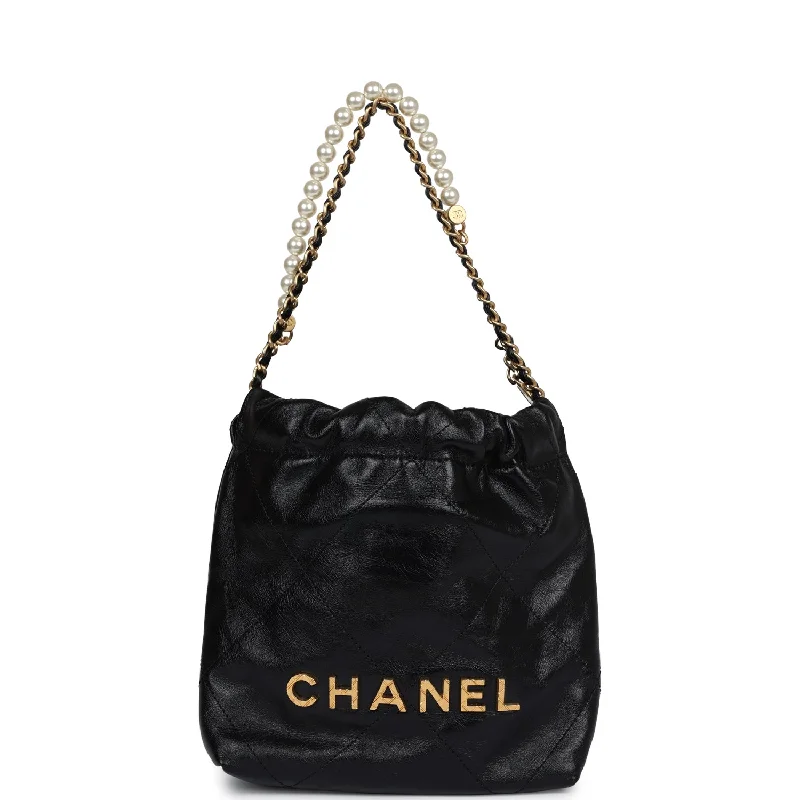 Chanel Mini 22 Bag Black Aged Calfskin and Pearl Antique Gold Hardware