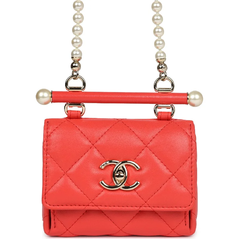 Chanel Mini Clutch with Pearl Chain Red Lambskin Light Gold Hardware