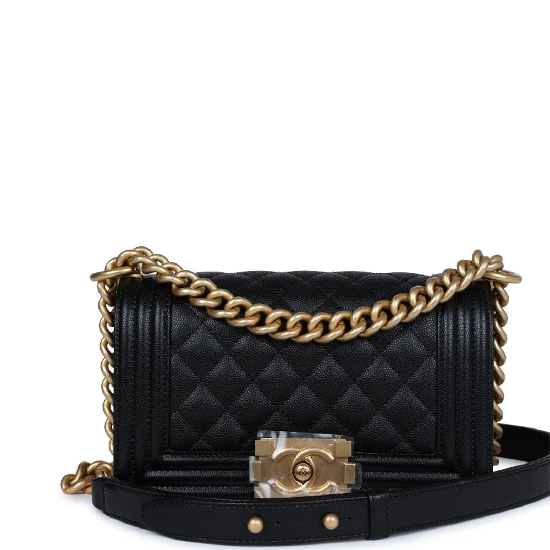 Chanel Small Boy Bag Black Caviar Antique Gold Hardware