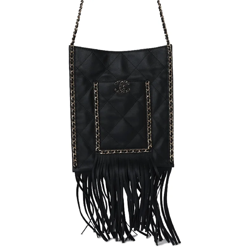 Chanel Small CC Fringe Shopping Bag Black Calfskin Light Gold Hardware