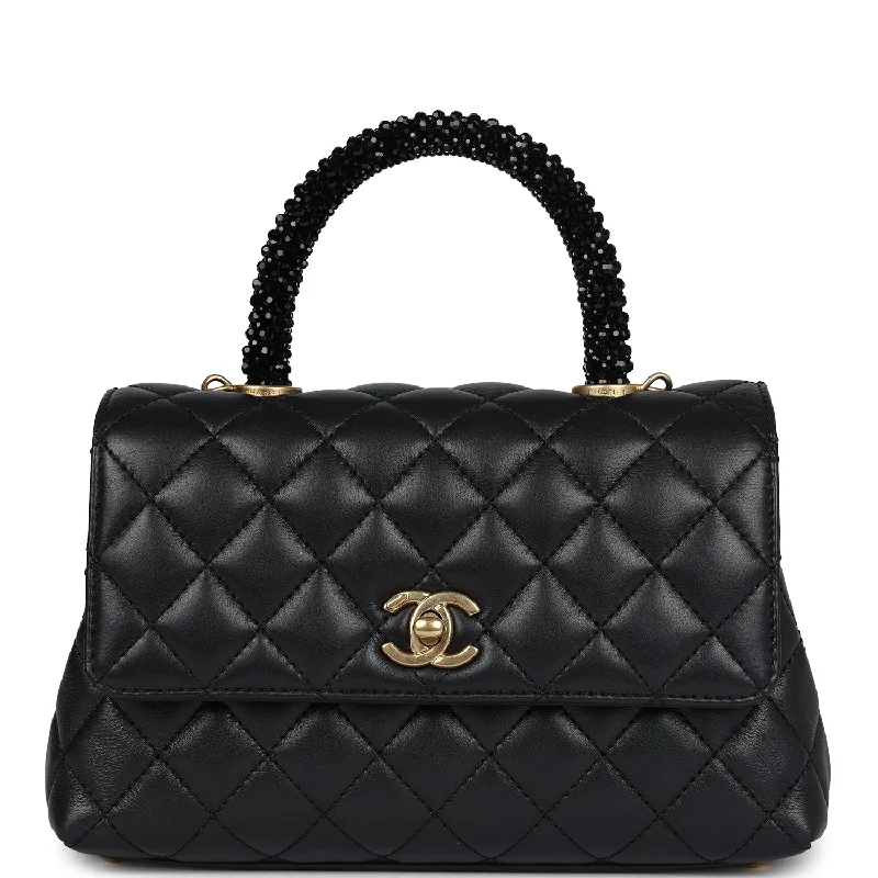 Chanel Small Coco Crystal Top Handle Flap Bag Black Lambskin Brushed Gold Hardware