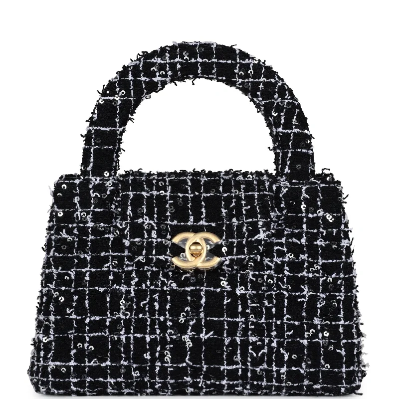 Chanel Small Kelly Shopper Black, White & Silver Sequin Tweed Brushed Gold Hardware