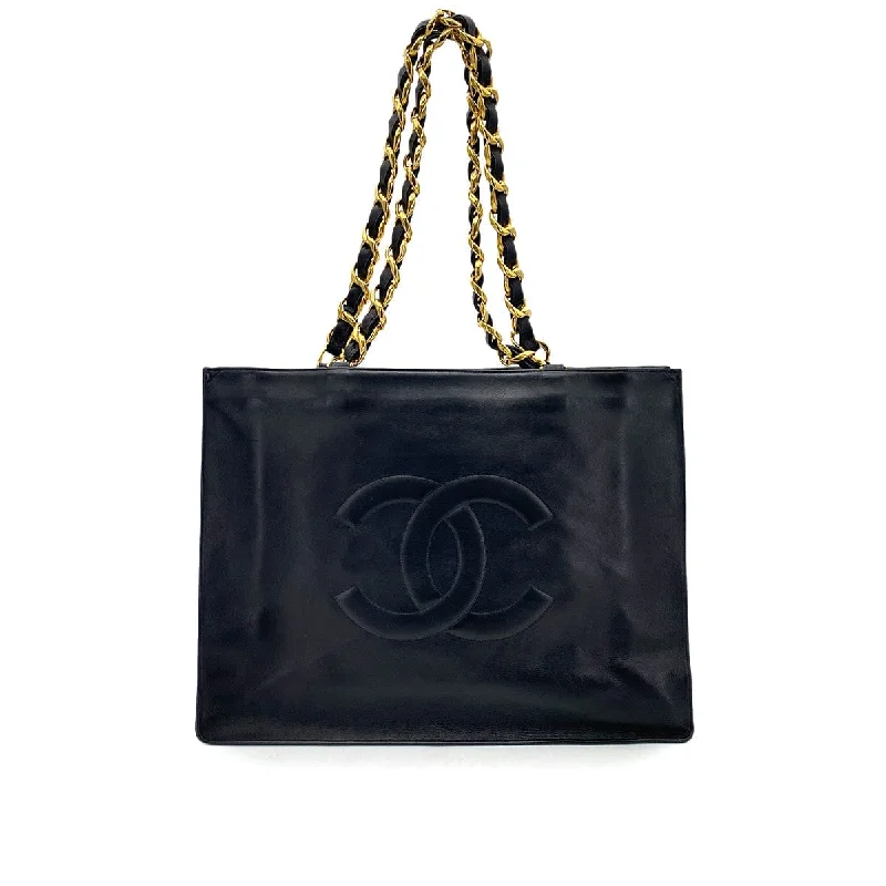 CHANEL VINTAGE BIG COCO CHAIN TOTE BAG BLACK LAMB SKIN 90255712