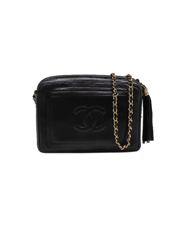 CHANEL VINTAGE FRINGE CHAIN SHOULDER BAG BLACK LAMB SKIN 90243352