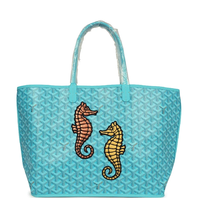 Goyard Goyardine Turquoise Anjou PM Embroidered Seahorse Bag Palladium Hardware