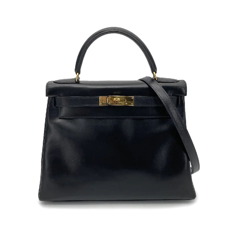 HERMES KELLY 28 RETOURNE BLACK BOXCALF HAND SHOULDER BAG 〇X GHW 90256414