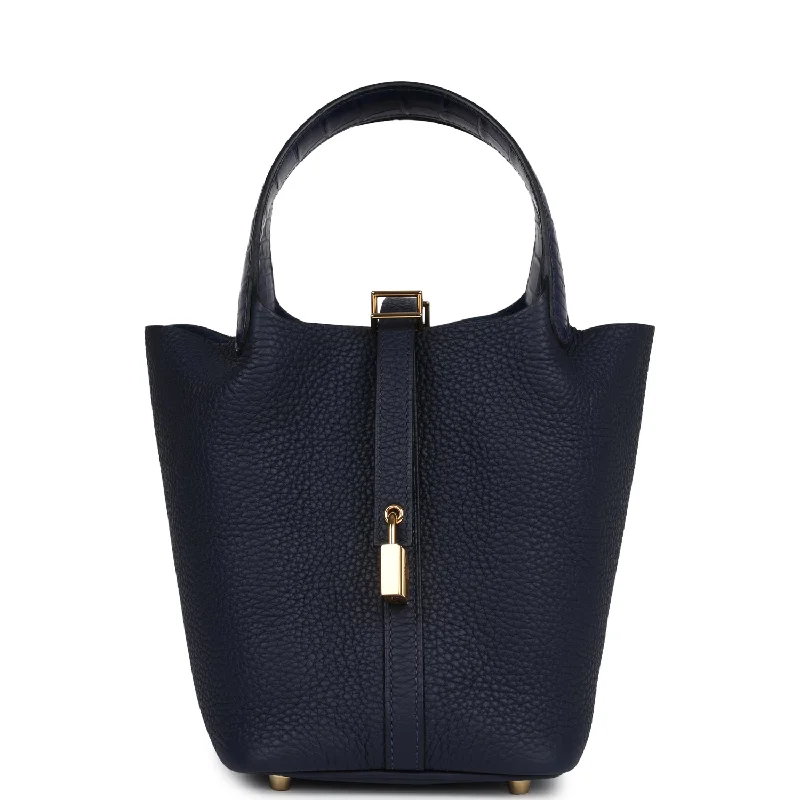 Hermes Picotin 18 Touch Bleu Nuit Clemence and Bleu Marine Matte Alligator Gold Hardware