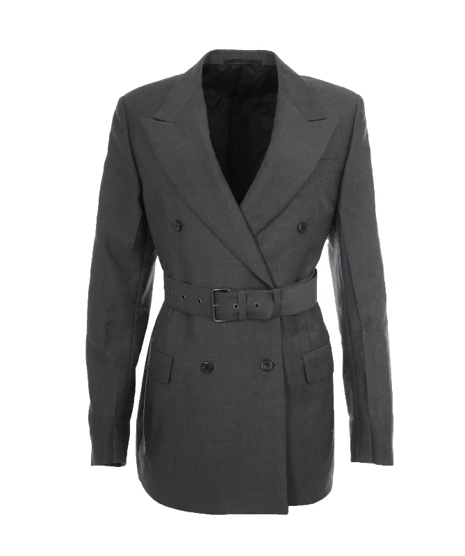 Prada Grey Belted Double Breasted Mohair Blend Blazer ALL0834