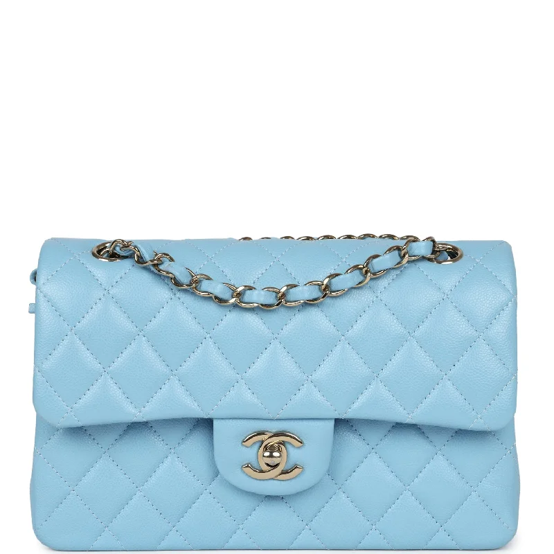 Pre-owned Chanel Small Classic Double Flap Bag Light Blue Caviar Light Gold Hardware