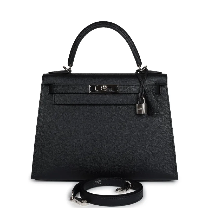 Pre-owned Hermes Kelly Sellier 28 Black Epsom Palladium Hardware