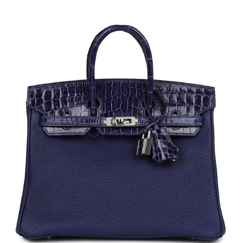 Pre-owned Hermes Birkin 25 Touch Bleu Encre Togo and Shiny Niloticus Crocodile Palladium Hardware