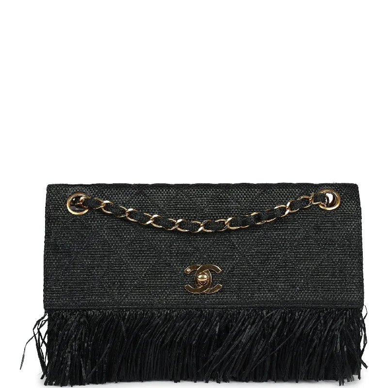 Vintage Chanel Quilted Fringe Single Flap Bag Black Raffia Gold Hardware